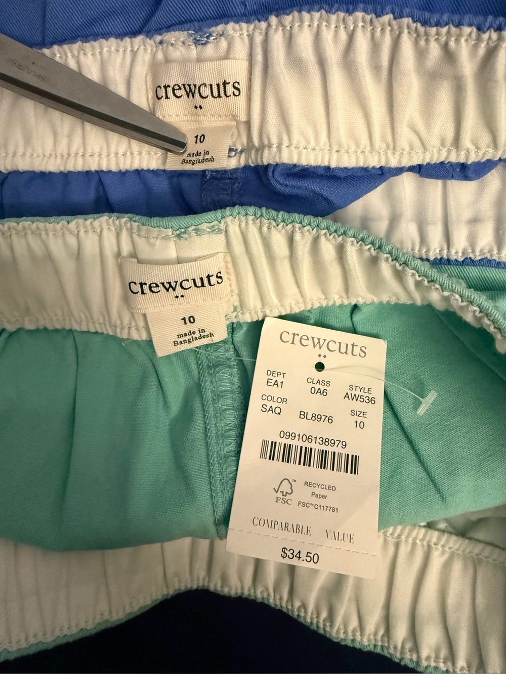 J. Crew crewcuts Two pair Elastic Waist Shorts in seafoam green and  Blue sz 10